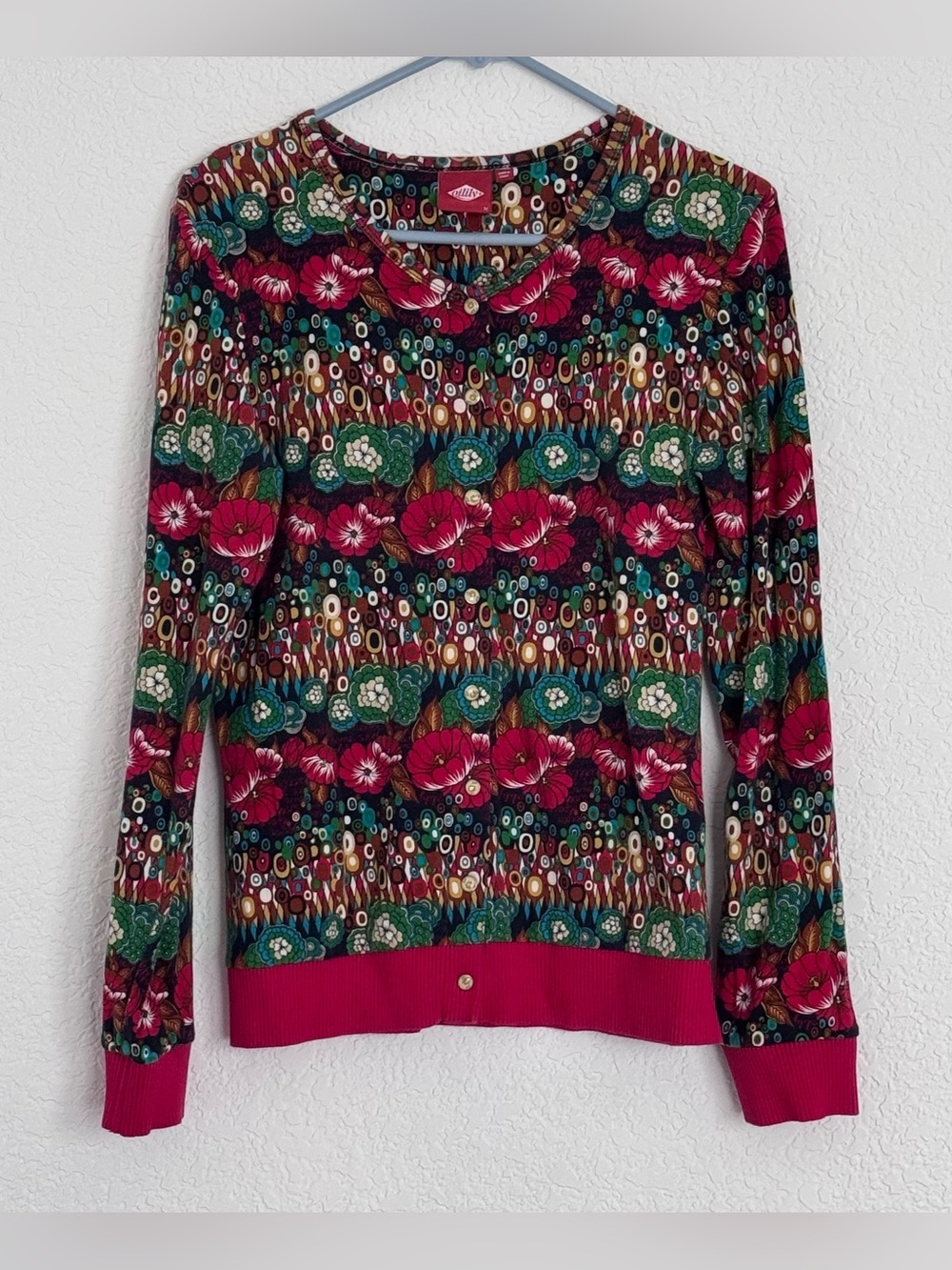Oilily Cotton Knit Floral Button Up Cardigan
- Pink, Green, Teal, Black